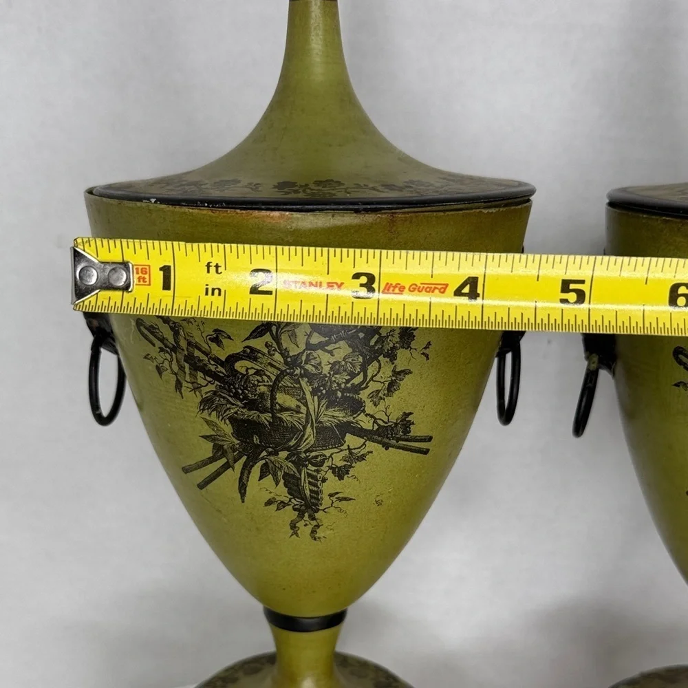 Mid Century Italian Olive Tole Urns Pair Signed